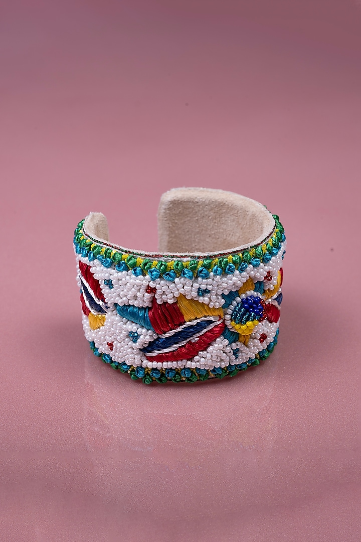 White Hand Embroidered Cuff Bracelet by Jyo Das Accessories