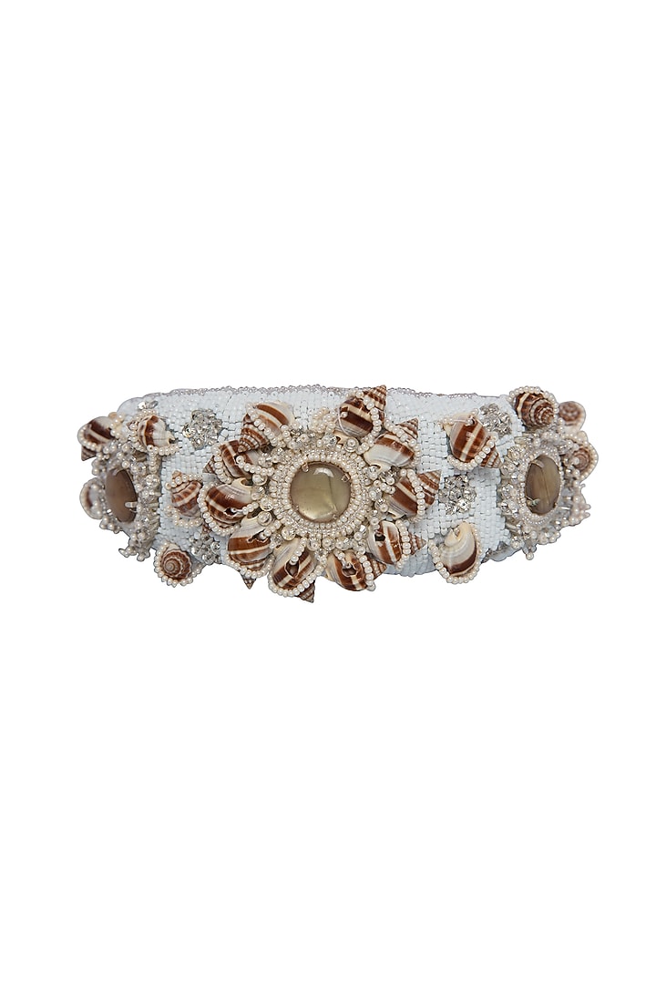 White Suede Hand Embroidered Hairband by Jyo Das Accessories at Pernia's Pop Up Shop