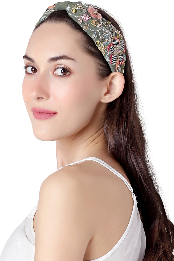 Olive Green Embroidered Headband by Joey & Pooh X Payal Singhal at Pernia's Pop Up Shop