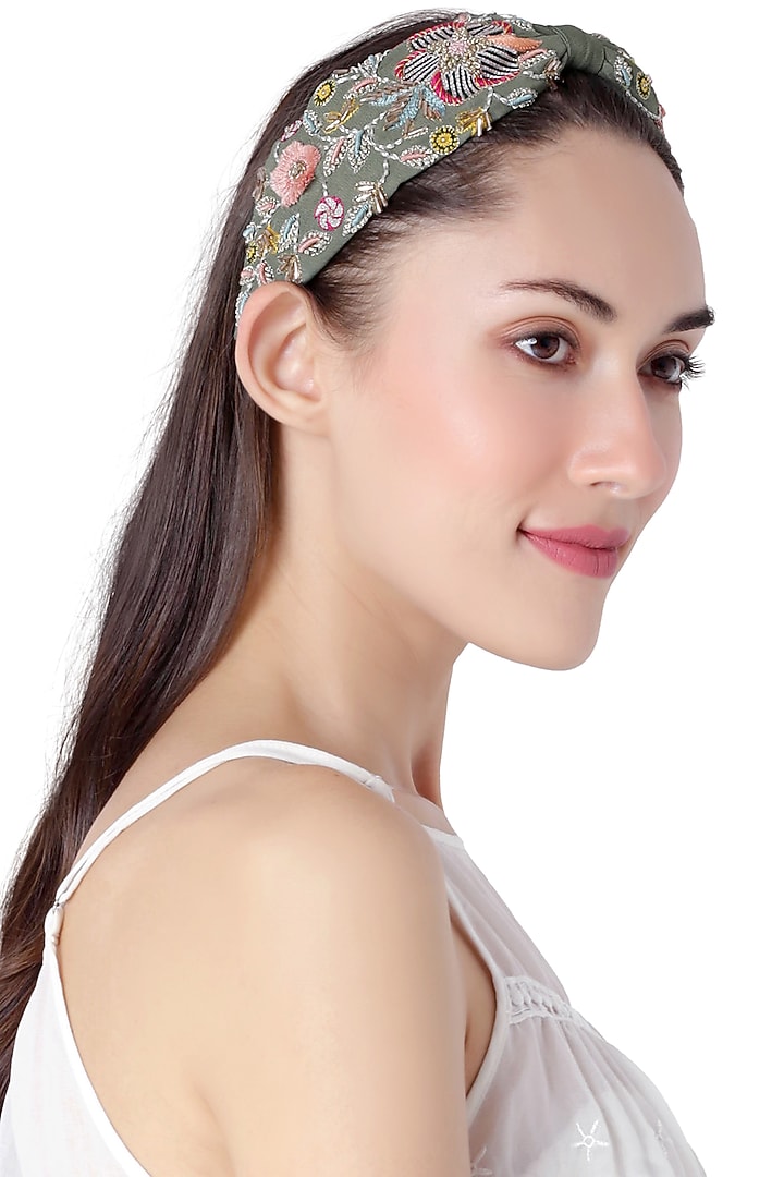 Olive Green Embroidered Headband by Joey & Pooh X Payal Singhal at Pernia's Pop Up Shop
