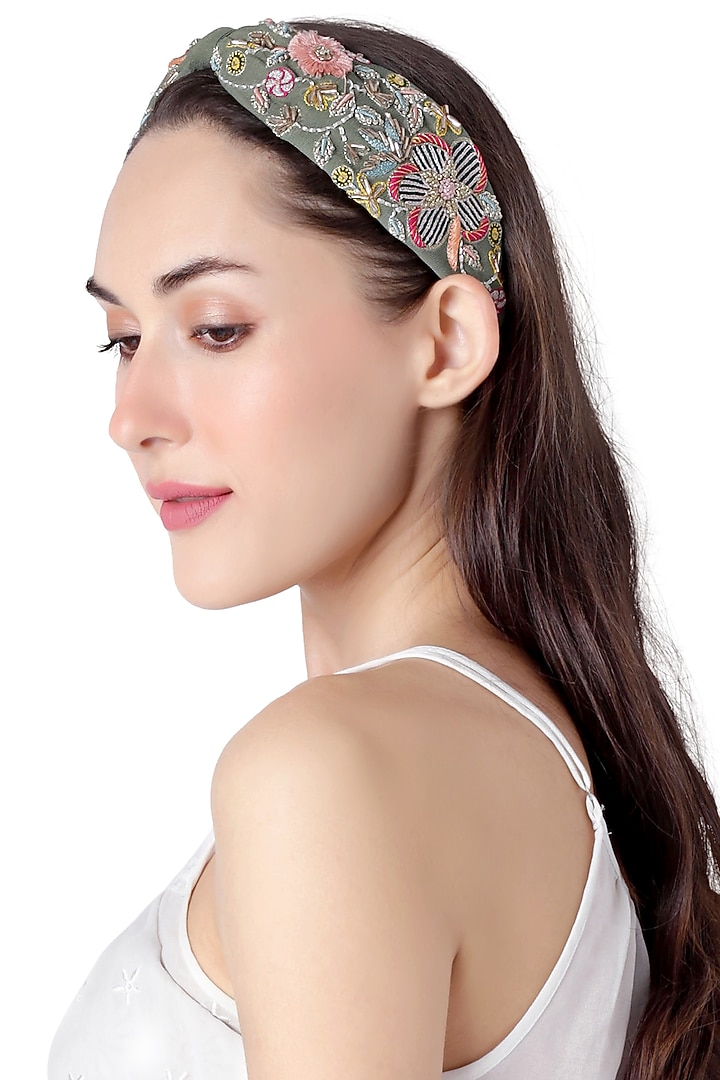 Olive Green Embroidered Headband by Joey & Pooh X Payal Singhal at Pernia's Pop Up Shop