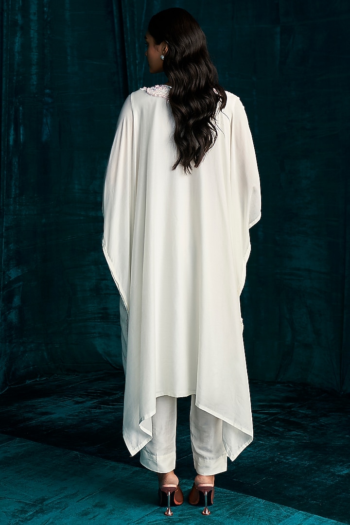 Ivory Mul Silk Pearl Embroidered Kaftan Set by Kashmiraa at Pernia's Pop Up Shop
