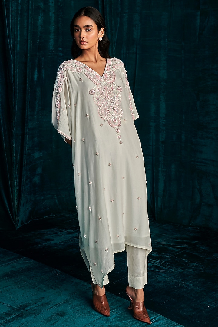 Ivory Mul Silk Pearl Embroidered Kaftan Set by Kashmiraa