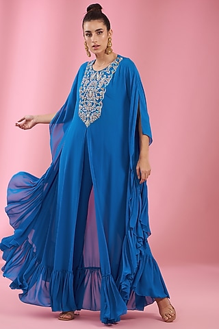 Yale Blue Georgette Embroidered Kaftan Set by Kaaisha by Shalini