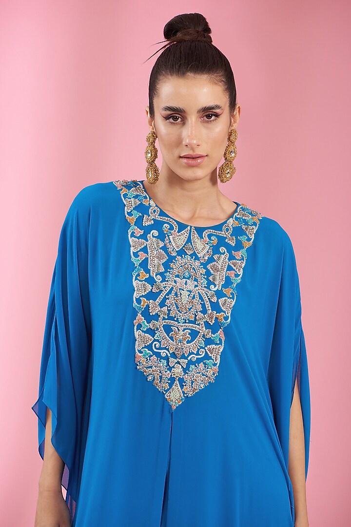 Yale Blue Georgette Embroidered Kaftan Set by Kaaisha by Shalini at Pernia's Pop Up Shop