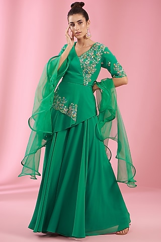 Green Georgette Sharara Set by Kaaisha by Shalini
