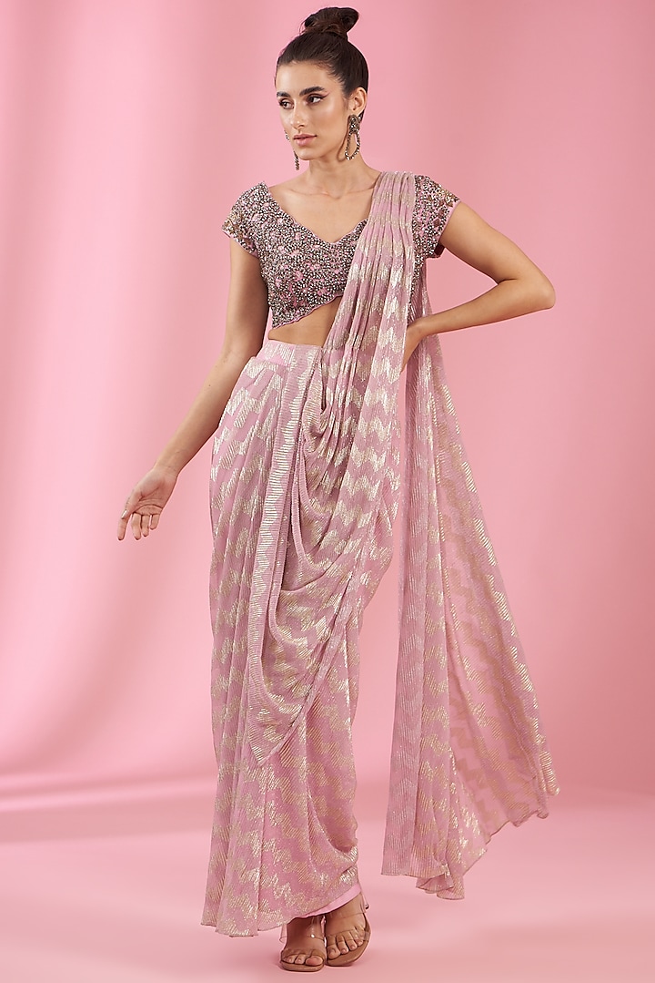 Pink Italian Lycra Draped Saree Set by Kaaisha by Shalini