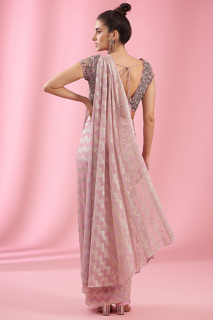 Pink Italian Lycra Draped Wedding Saree Set by Kaaisha by Shalini at Pernia's Pop Up Shop