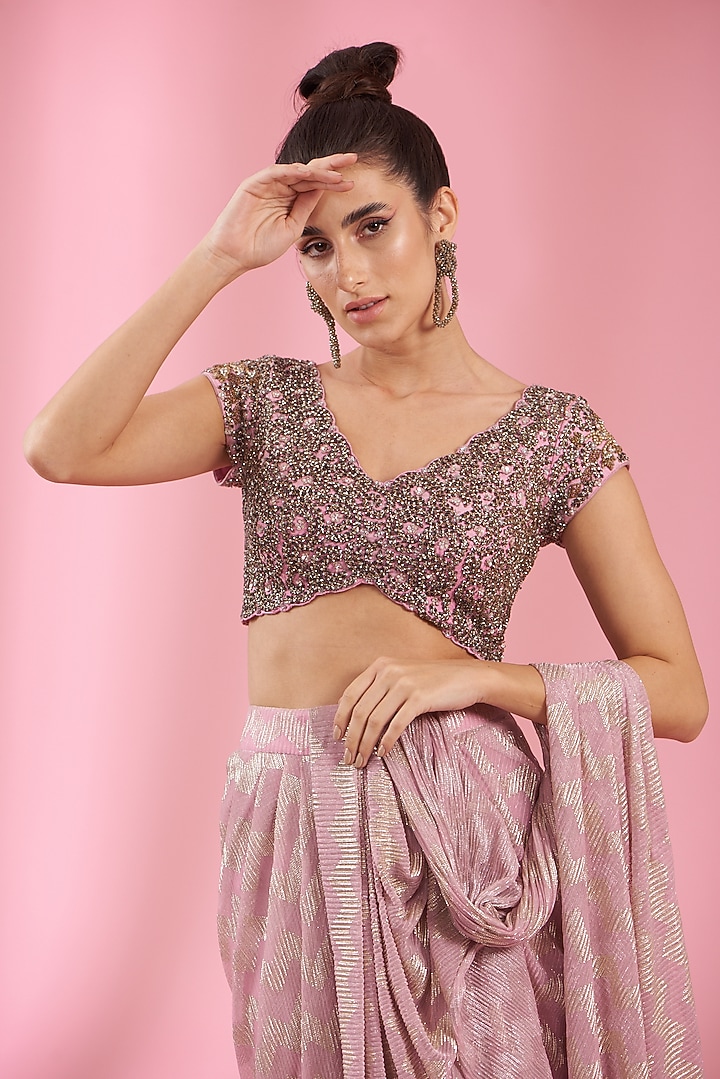 Pink Italian Lycra Draped Wedding Saree Set by Kaaisha by Shalini at Pernia's Pop Up Shop