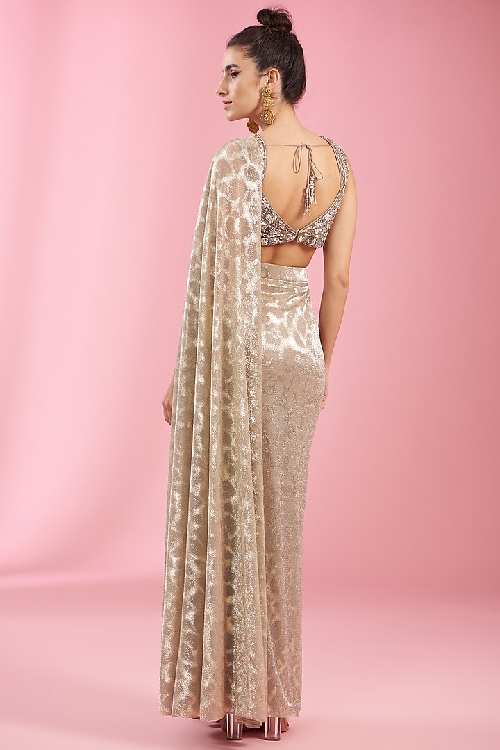 Golden Beige Italian Lycra Draped Wedding Saree Set by Kaaisha by Shalini at Pernia's Pop Up Shop