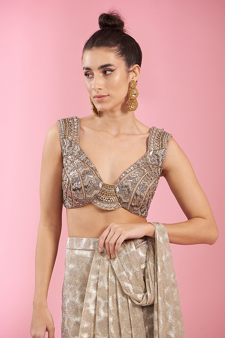 Golden Beige Italian Lycra Draped Wedding Saree Set by Kaaisha by Shalini at Pernia's Pop Up Shop