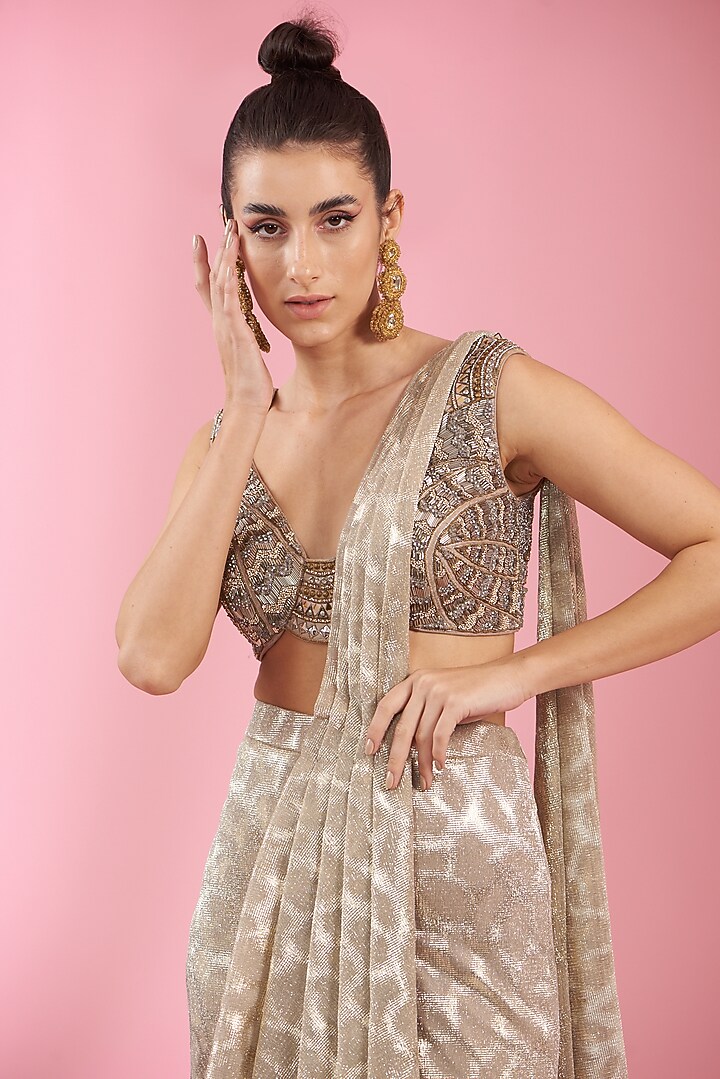 Golden Beige Italian Lycra Draped Wedding Saree Set by Kaaisha by Shalini at Pernia's Pop Up Shop