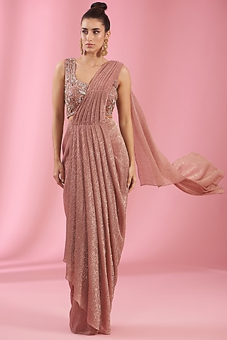 Mauve Italian Lycra Draped Saree Set by Kaaisha by Shalini
