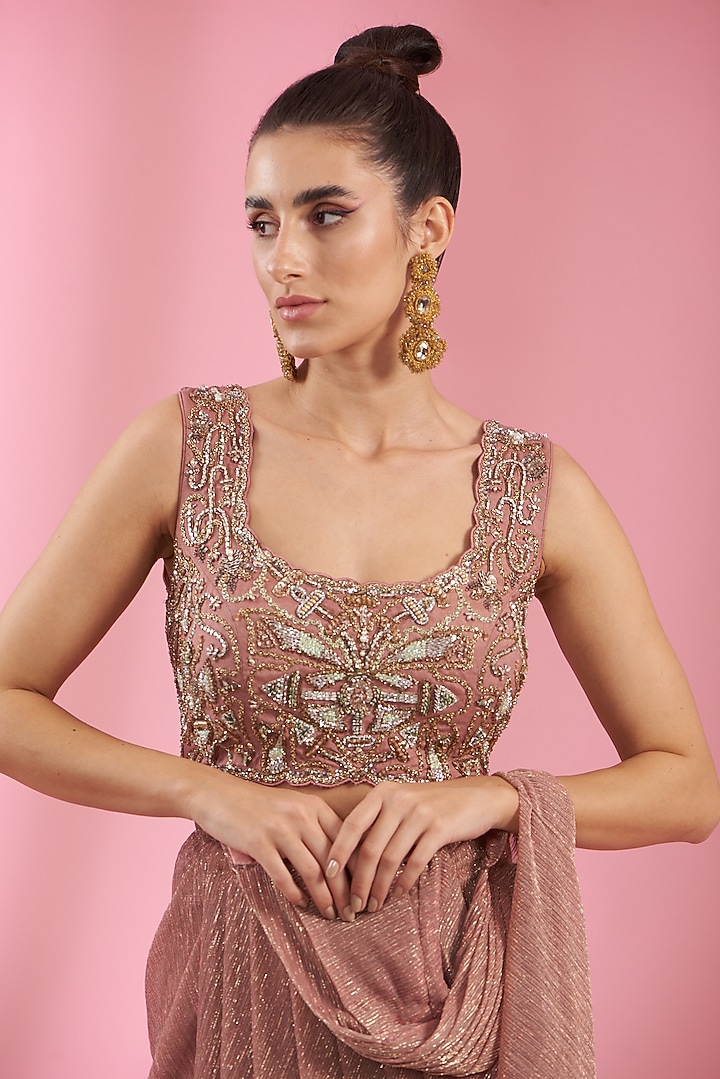 Mauve Italian Lycra Draped Wedding Saree Set by Kaaisha by Shalini at Pernia's Pop Up Shop