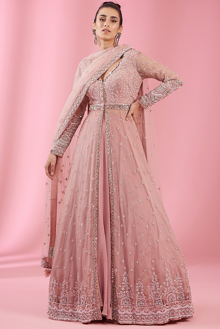 Pink Georgette & Organza Embroidered Anarkali Set by Kaaisha by Shalini