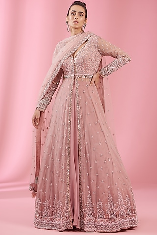 Pink Georgette & Organza Embroidered Anarkali Set by Kaaisha by Shalini