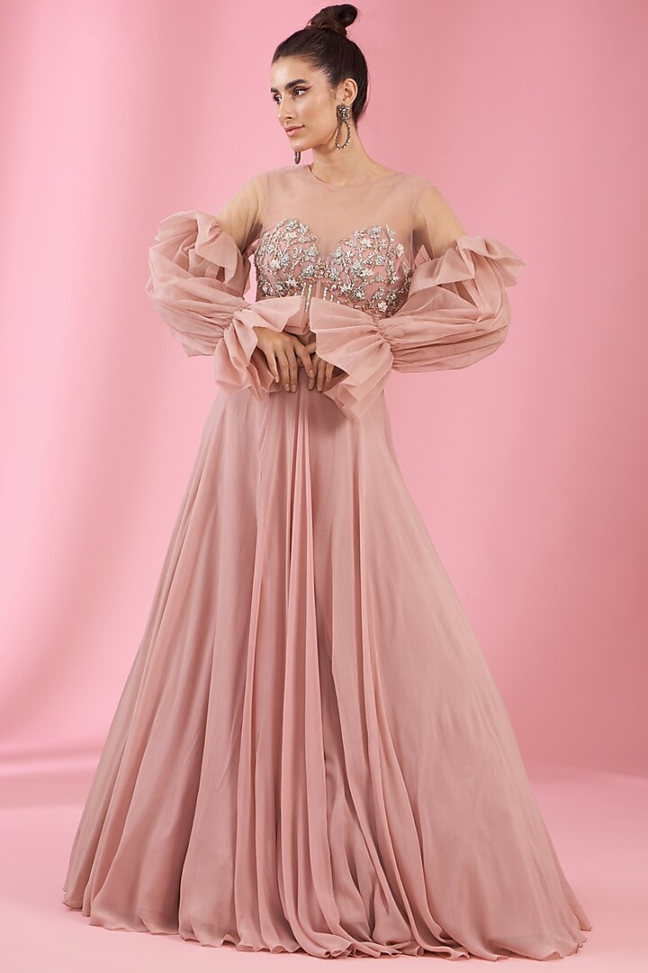 Pink Georgette & Organza Embroidered Gown by Kaaisha by Shalini
