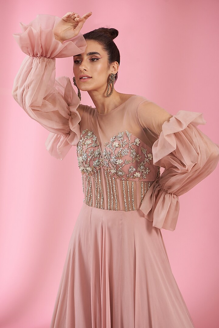 Pink Georgette & Organza Embroidered Engagement Gown by Kaaisha by Shalini at Pernia's Pop Up Shop