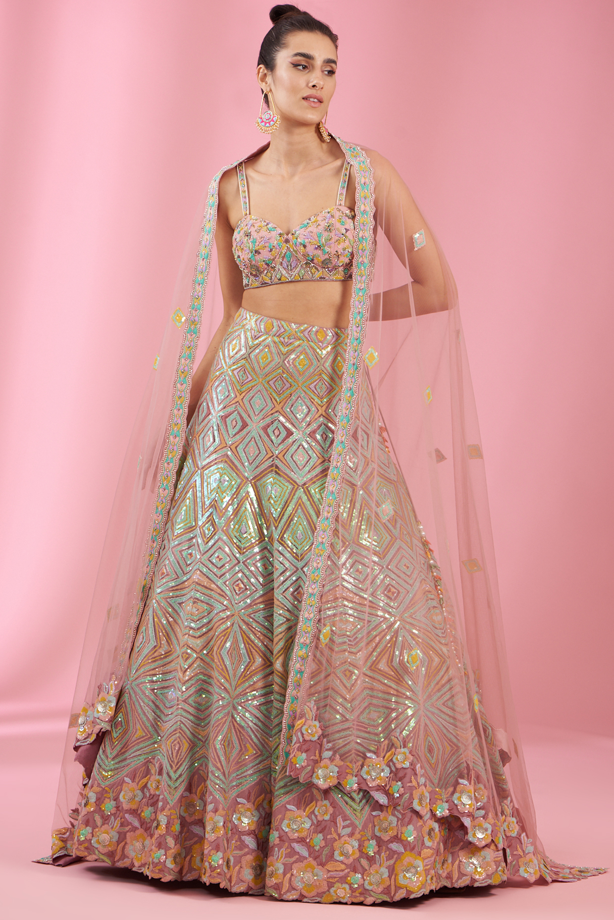 Multi-Colored Tulle Net Embroidered Lehenga Set by Kaaisha by Shalini