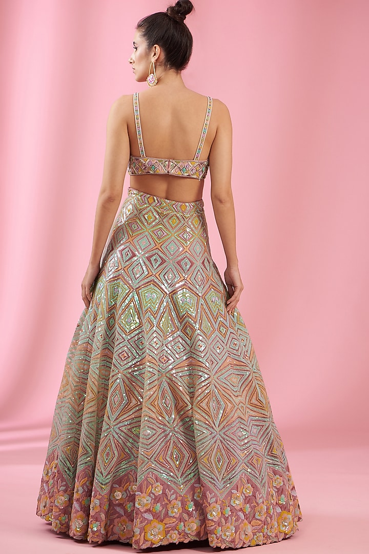 Multi-Colored Tulle Net Embroidered Wedding Lehenga Set by Kaaisha by Shalini at Pernia's Pop Up Shop