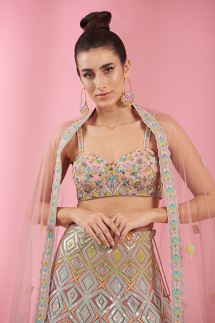 Multi-Colored Tulle Net Embroidered Wedding Lehenga Set by Kaaisha by Shalini at Pernia's Pop Up Shop