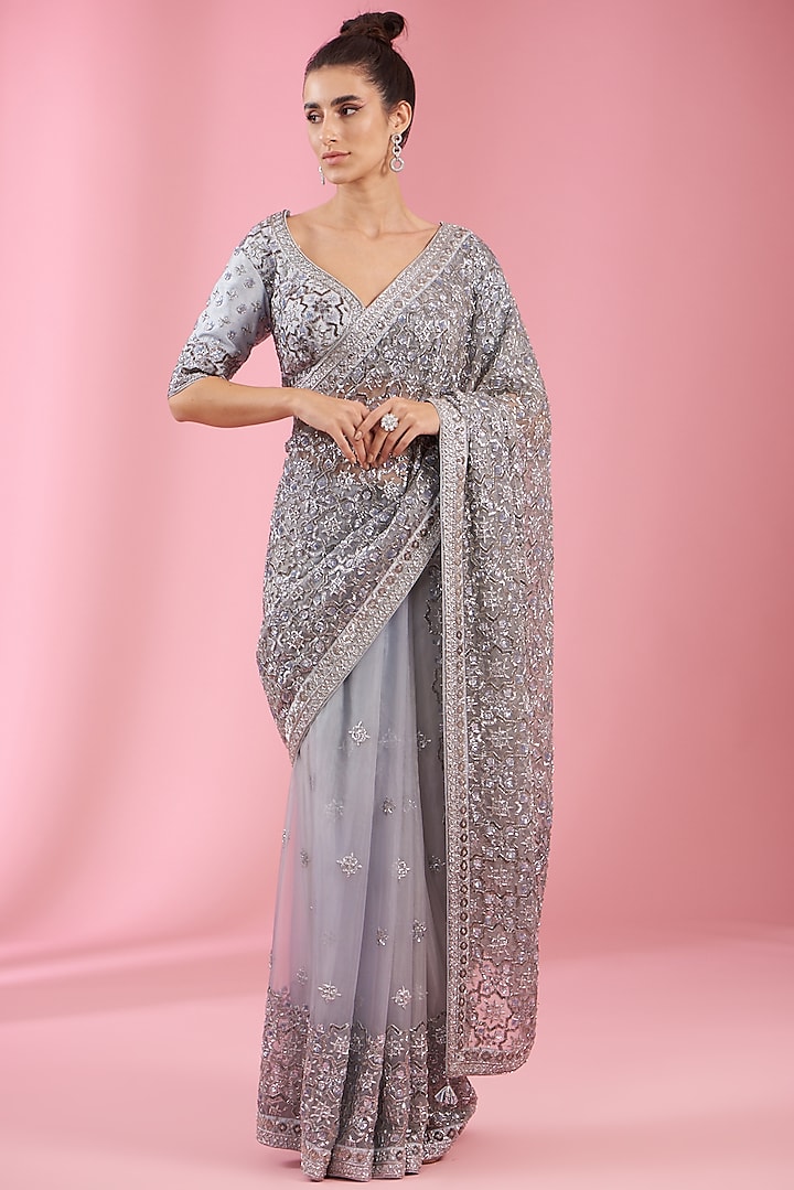 Grey Organza Embroidered Saree Set by Kaaisha by Shalini at Pernia's Pop Up Shop