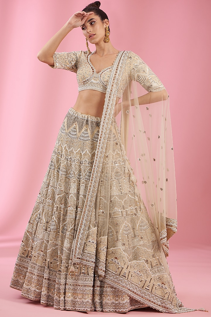 Ivory Organza & Net Embroidered Bridal Lehenga Set by Kaaisha by Shalini at Pernia's Pop Up Shop