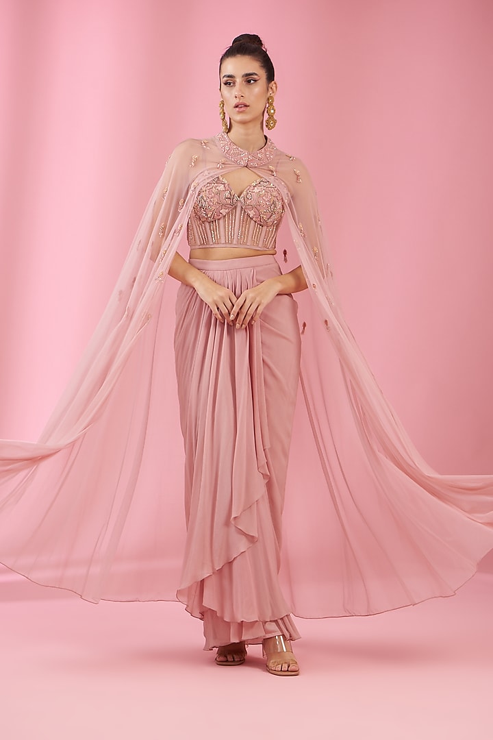 Pink Organza & Net Embroidered Cape Set by Kaaisha by Shalini