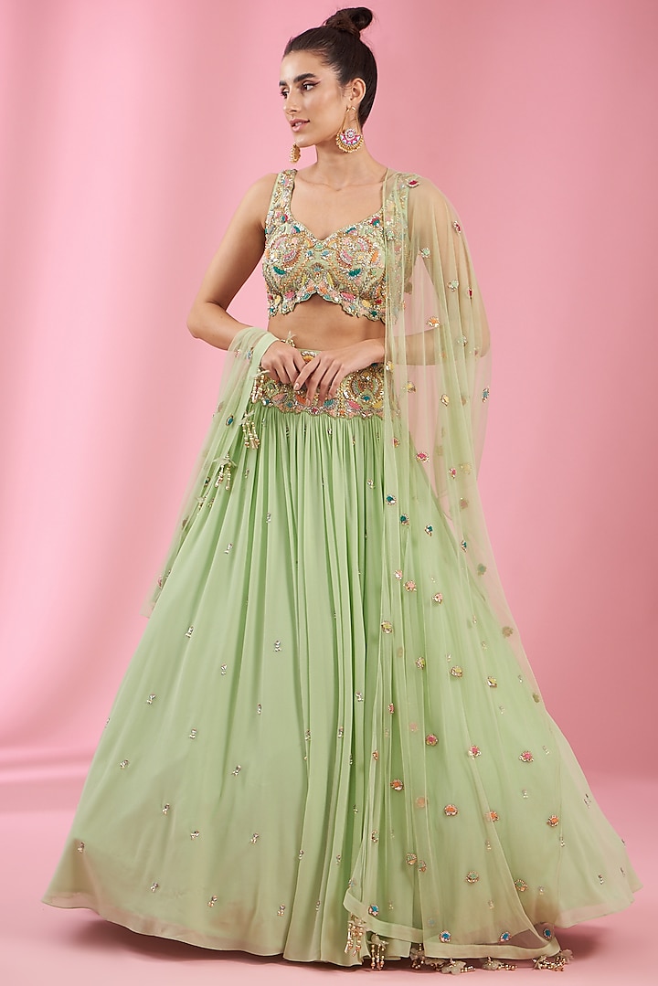 Sea Green Georgette Embroidered Wedding Lehenga Set by Kaaisha by Shalini at Pernia's Pop Up Shop