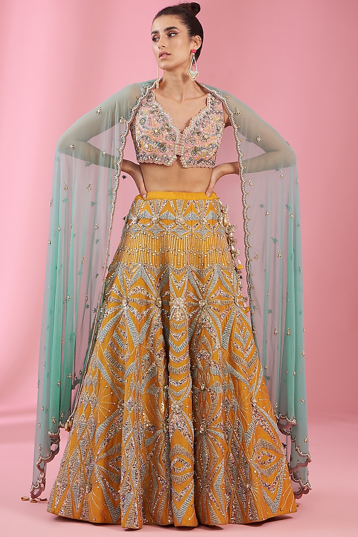 Yellow Silk Hand Embroidered Bridal Lehenga Set by Kaaisha by Shalini at Pernia's Pop Up Shop