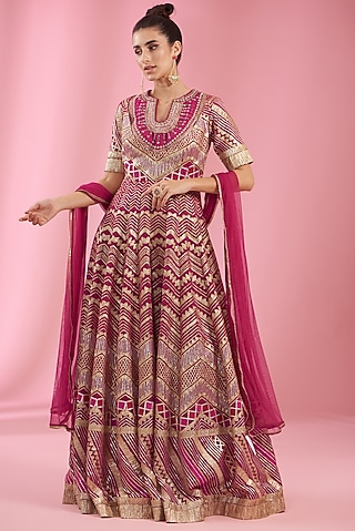 Red Georgette Embellished Anarkali Set by Kaaisha by Shalini