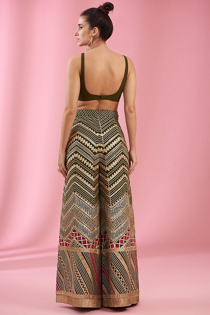 Olive Green Georgette Embroidered Jacket Set by Kaaisha by Shalini at Pernia's Pop Up Shop