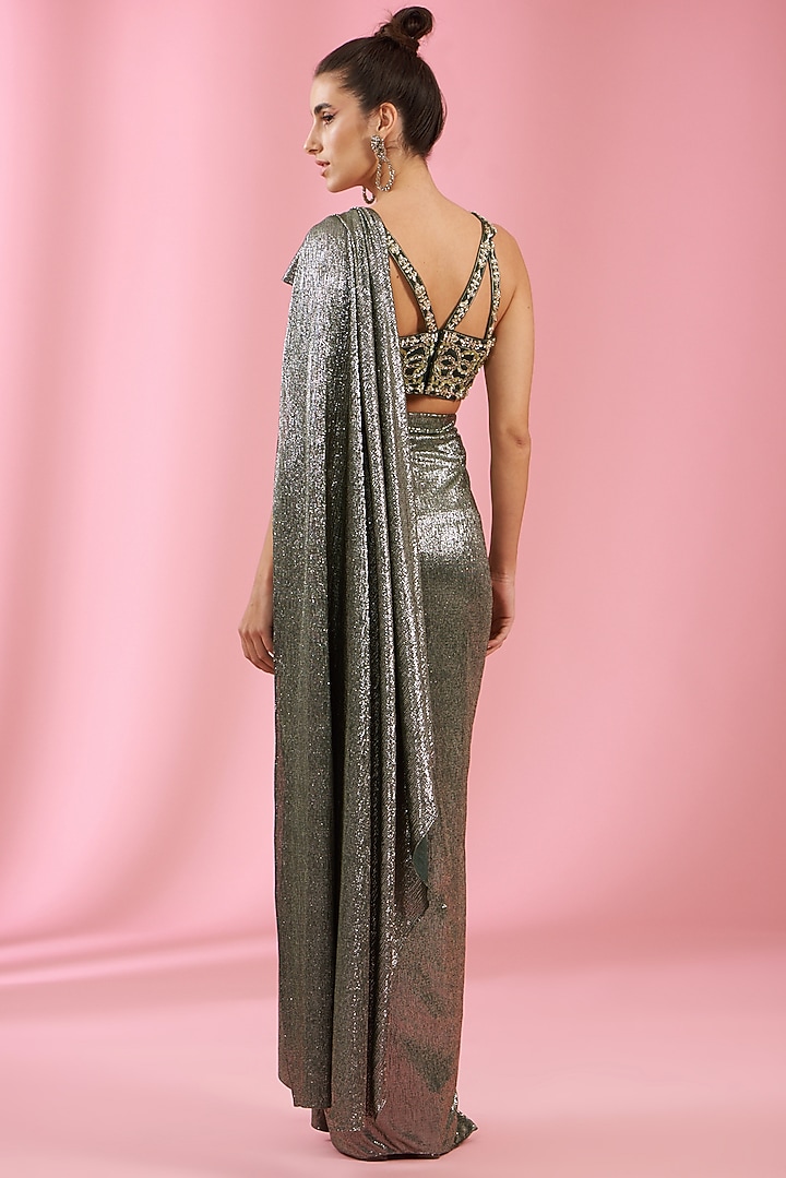 Metallic Green Italian Lycra Draped Wedding Saree Set by Kaaisha by Shalini at Pernia's Pop Up Shop