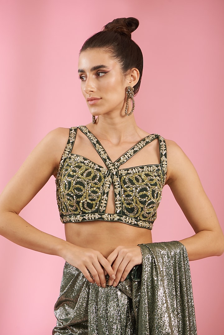 Metallic Green Italian Lycra Draped Wedding Saree Set by Kaaisha by Shalini at Pernia's Pop Up Shop