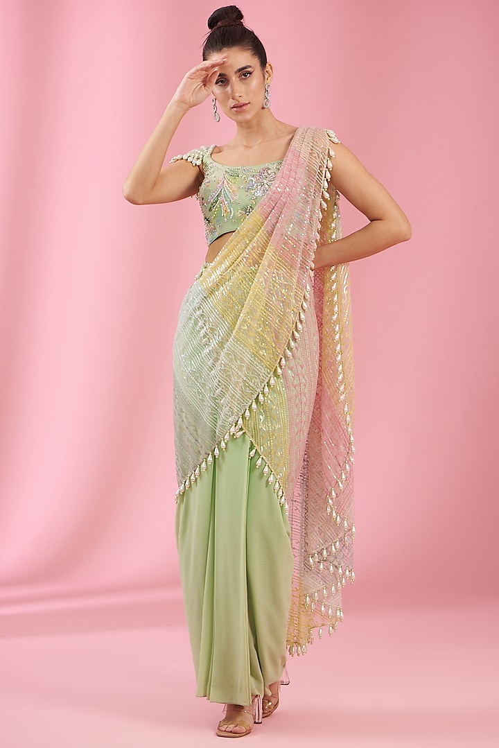 Sea Green Georgette & Net Draped Saree Set by Kaaisha by Shalini