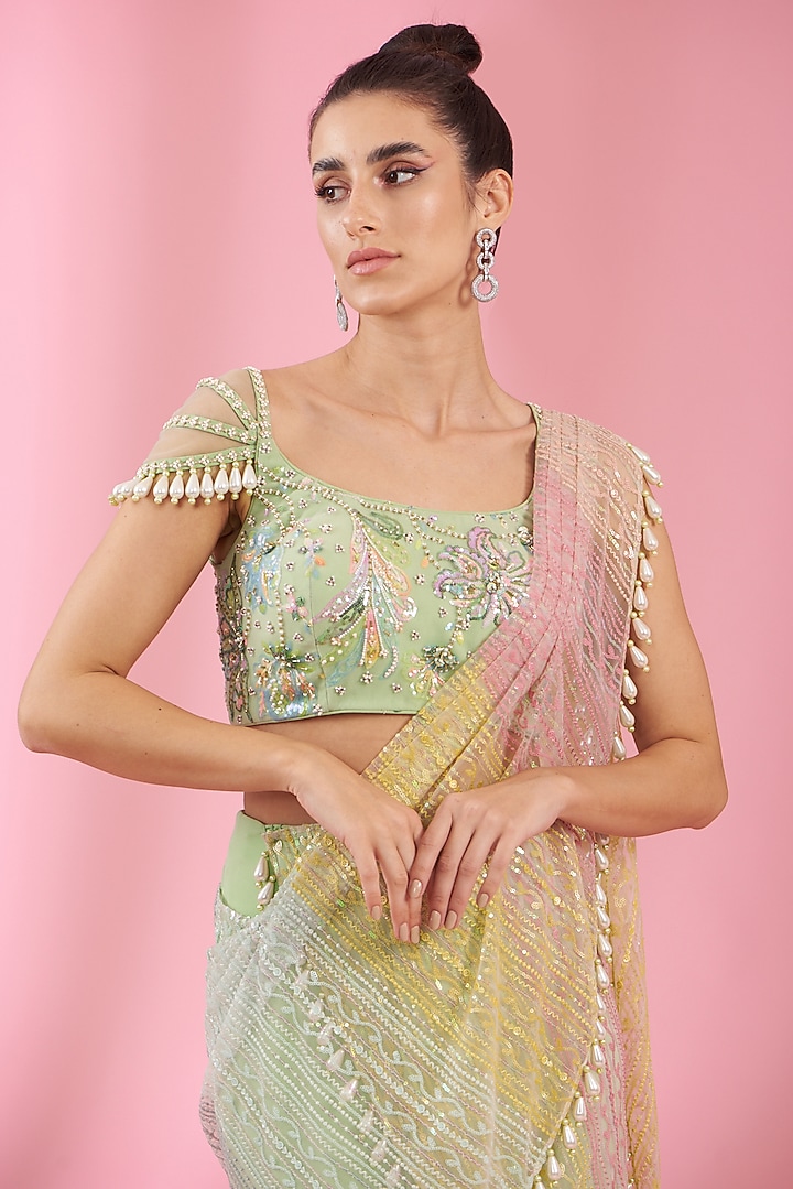 Sea Green Georgette & Net Draped Wedding Saree Set by Kaaisha by Shalini at Pernia's Pop Up Shop