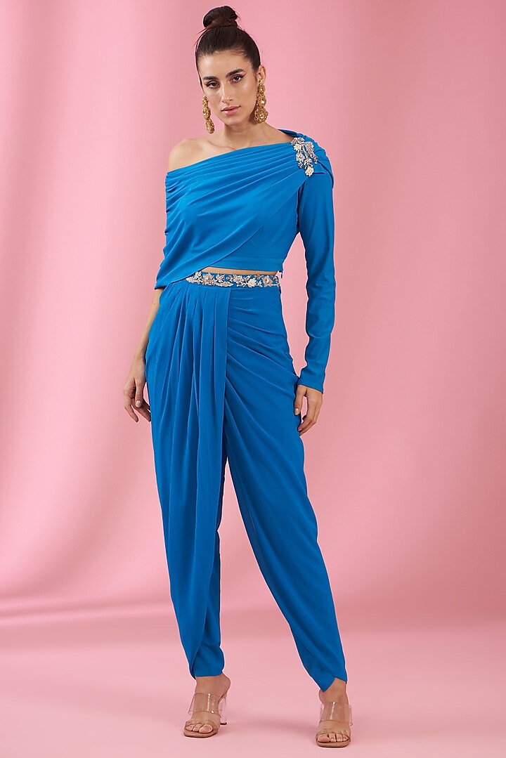 Yale Blue Lycra & Georgette Pant Set by Kaaisha by Shalini at Pernia's Pop Up Shop