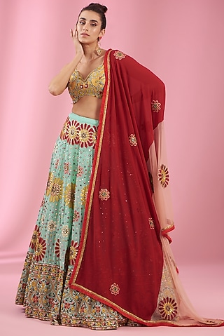 Lark Green Georgette Embroidered Lehenga Set by Kaaisha by Shalini