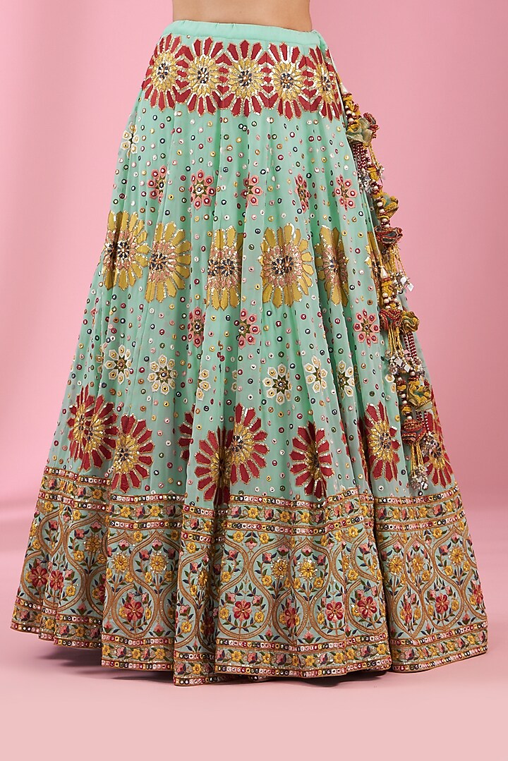 Lark Green Georgette Embroidered Wedding Lehenga Set by Kaaisha by Shalini at Pernia's Pop Up Shop