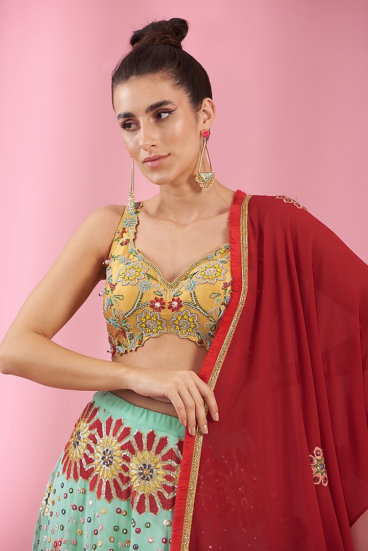 Lark Green Georgette Embroidered Wedding Lehenga Set by Kaaisha by Shalini at Pernia's Pop Up Shop