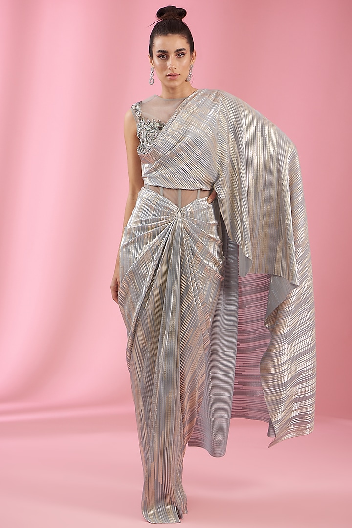 Grey-Silver Italian Lycra & Silk Hand Embellished Gown Saree by Kaaisha by Shalini