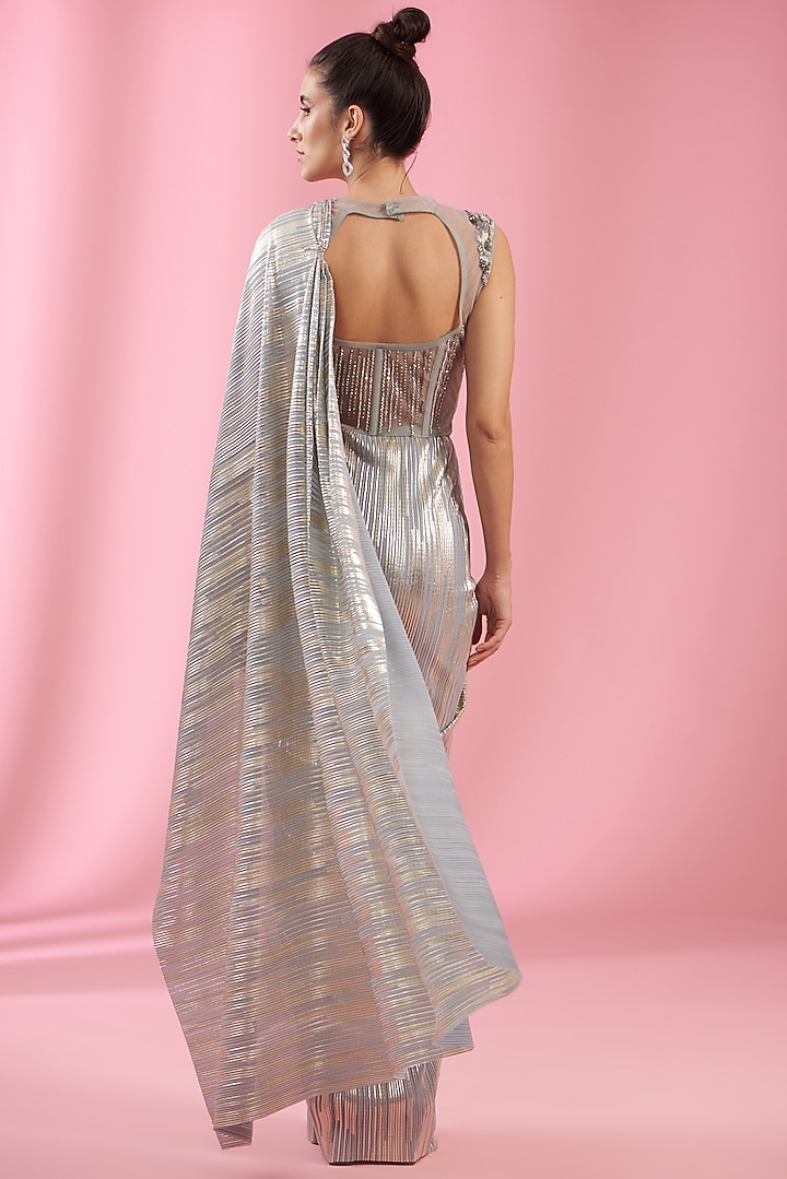 Grey-Silver Italian Lycra & Silk Hand Embellished Wedding Gown Saree by Kaaisha by Shalini at Pernia's Pop Up Shop