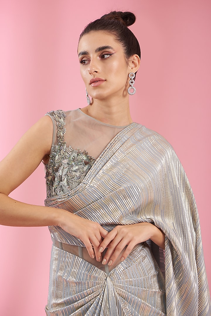 Grey-Silver Italian Lycra & Silk Hand Embellished Wedding Gown Saree by Kaaisha by Shalini at Pernia's Pop Up Shop