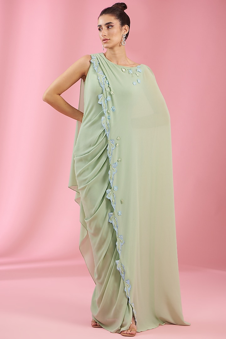 Sea Green Georgette Draped Gown by Kaaisha by Shalini