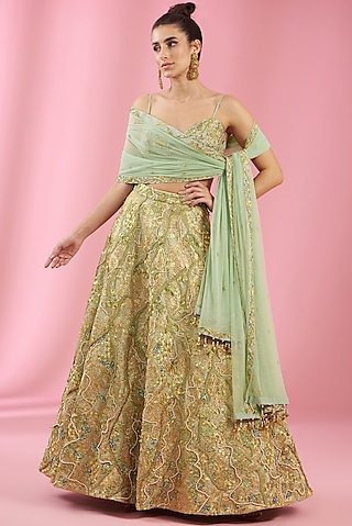 Gold Silk Embellished Lehenga Set by Kaaisha by Shalini