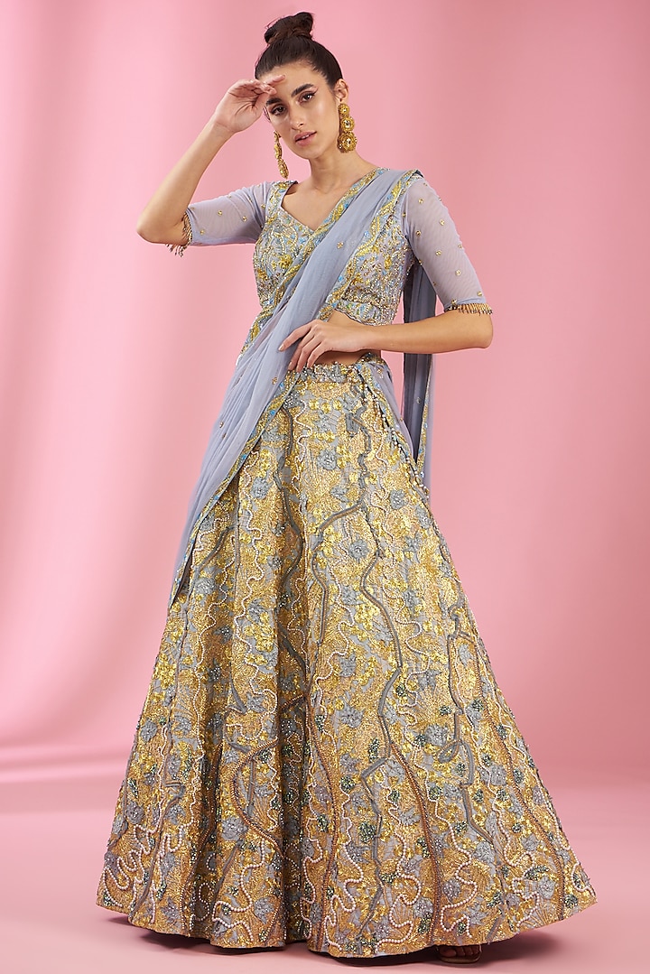 Ash Grey Silk Embellished Lehenga Set by Kaaisha by Shalini