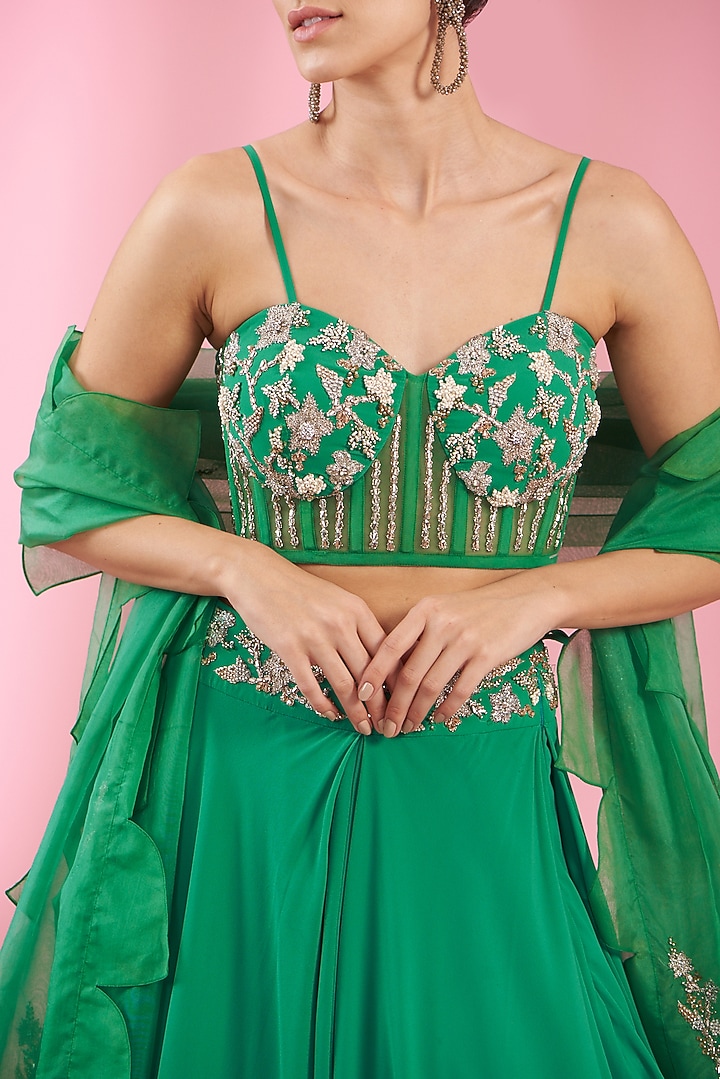 Jade Green Georgette Embroidered Wedding Lehenga Set by Kaaisha by Shalini at Pernia's Pop Up Shop