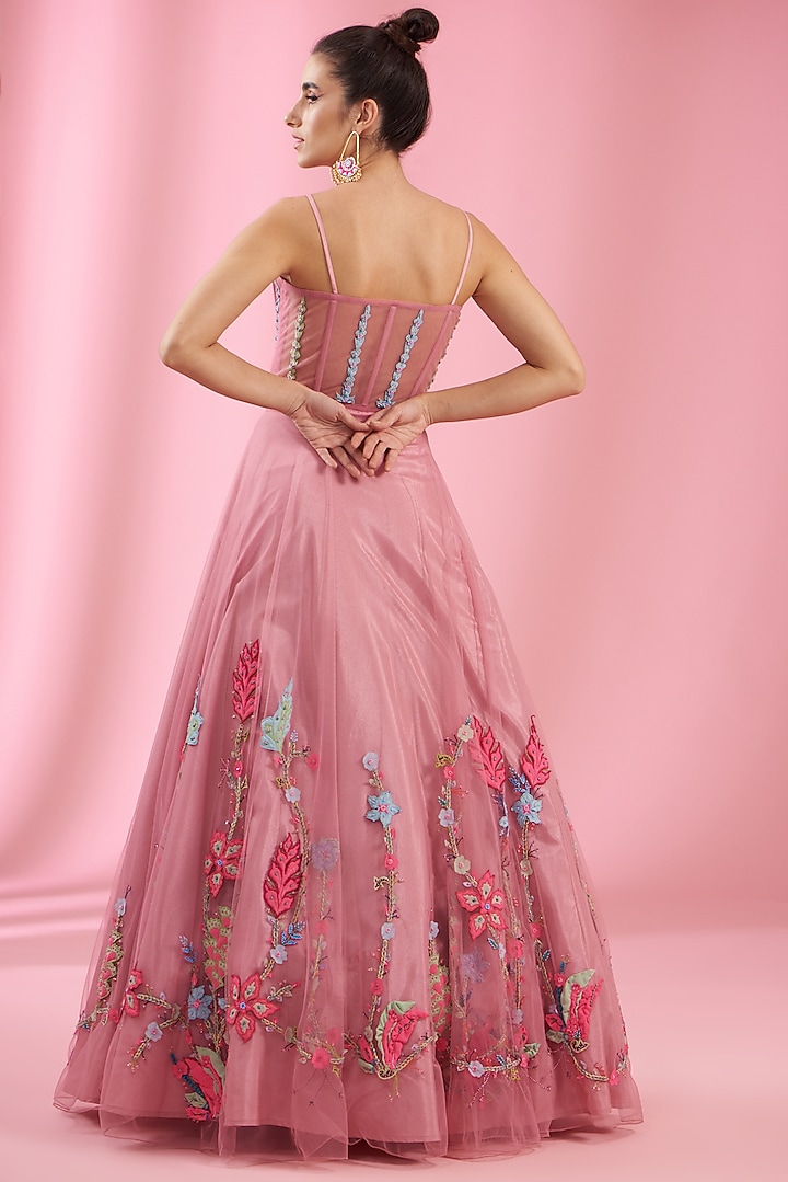 Flamingo Pink Net Embroidered Wedding Lehenga Set by Kaaisha by Shalini at Pernia's Pop Up Shop