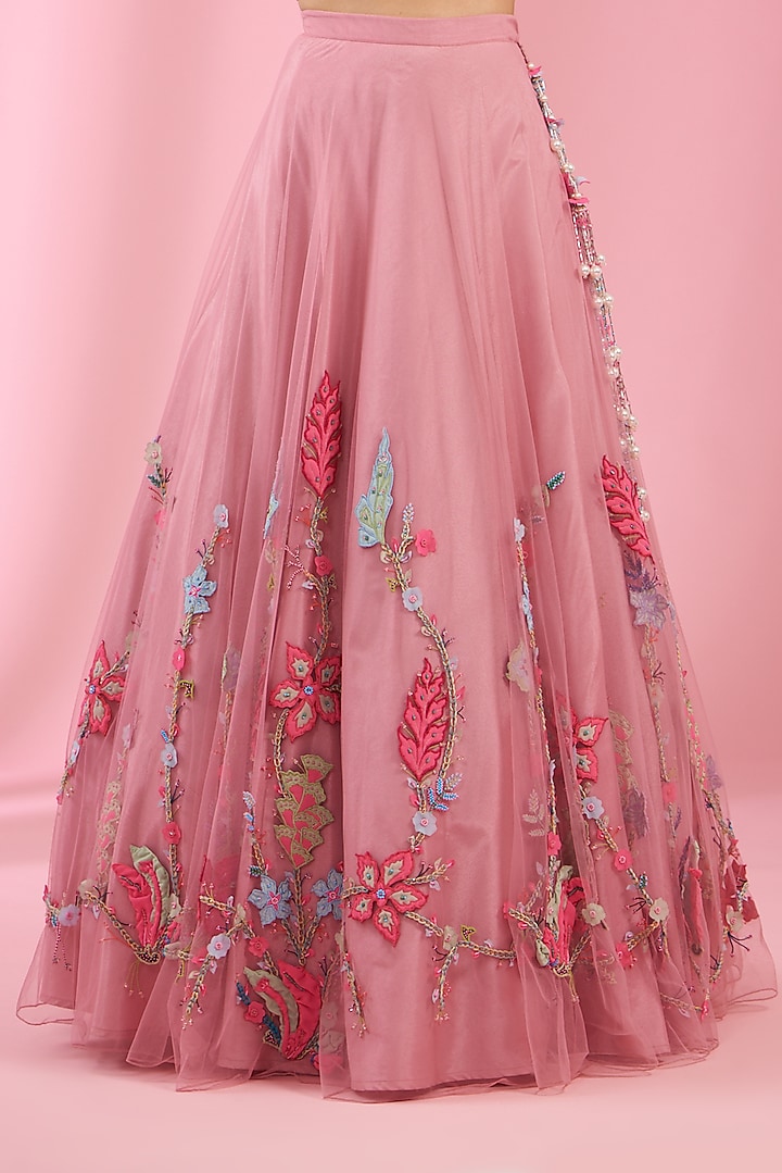 Flamingo Pink Net Embroidered Wedding Lehenga Set by Kaaisha by Shalini at Pernia's Pop Up Shop