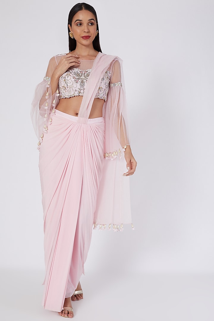 Pink Lycra Draped Saree Set by Kaaisha by Shalini